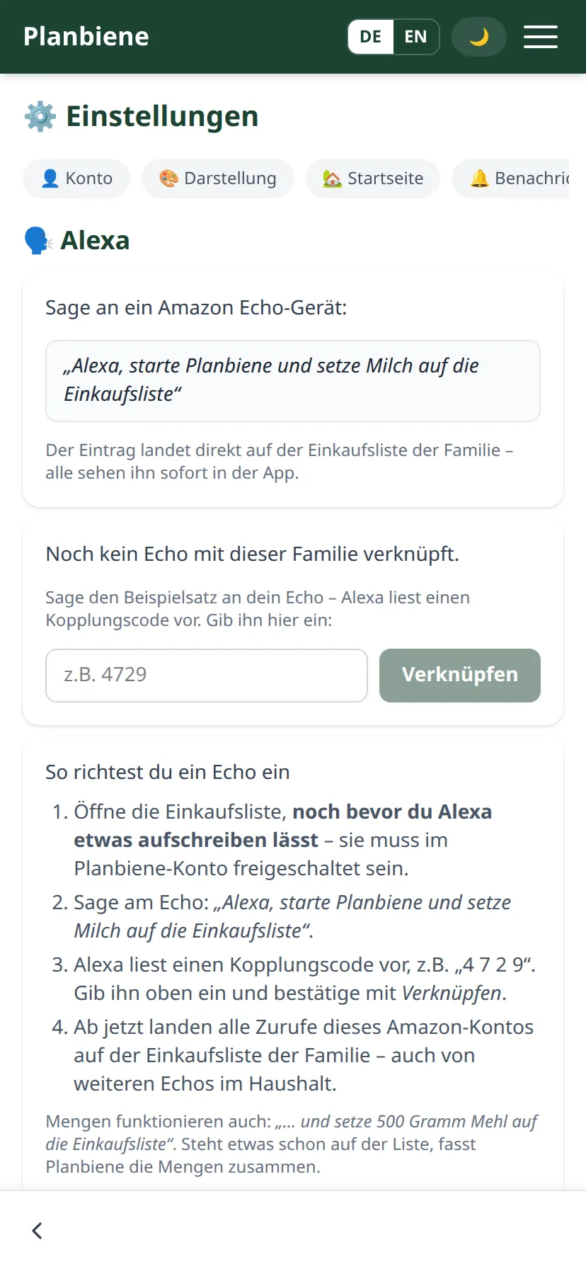 Alexa-Karte in den Einstellungen auf dem Handy mit Eingabefeld für den Kopplungscode