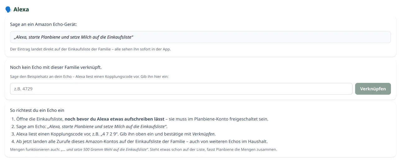 Alexa-Karte in den Einstellungen mit Eingabefeld für den Kopplungscode und dem Knopf Verknüpfen