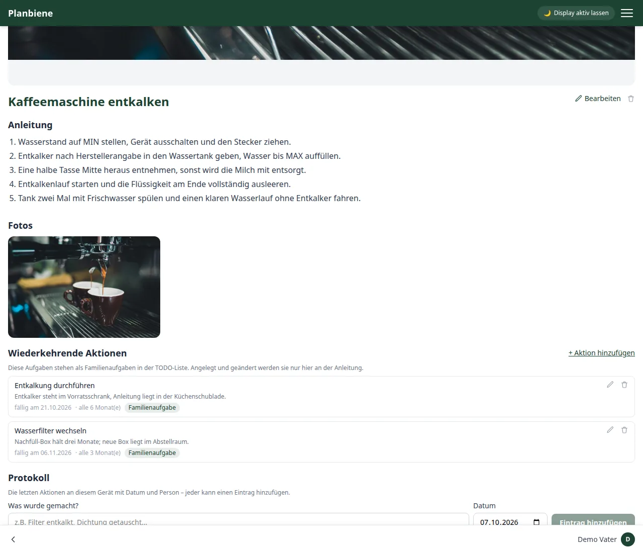 Detailseite einer Anleitung mit wiederkehrenden Aktionen und Protokoll