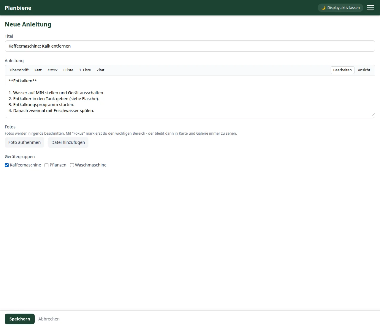 Anlege-Formular einer Anleitung mit Markdown-Anleitung und Gerätegruppe