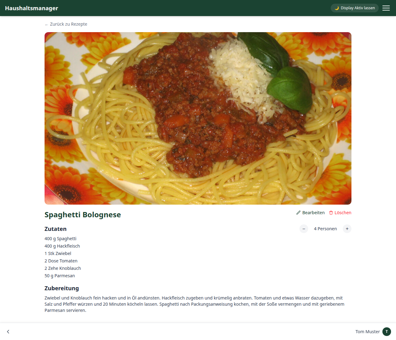 Rezeptdetailseite mit Zutatenliste und Zubereitung