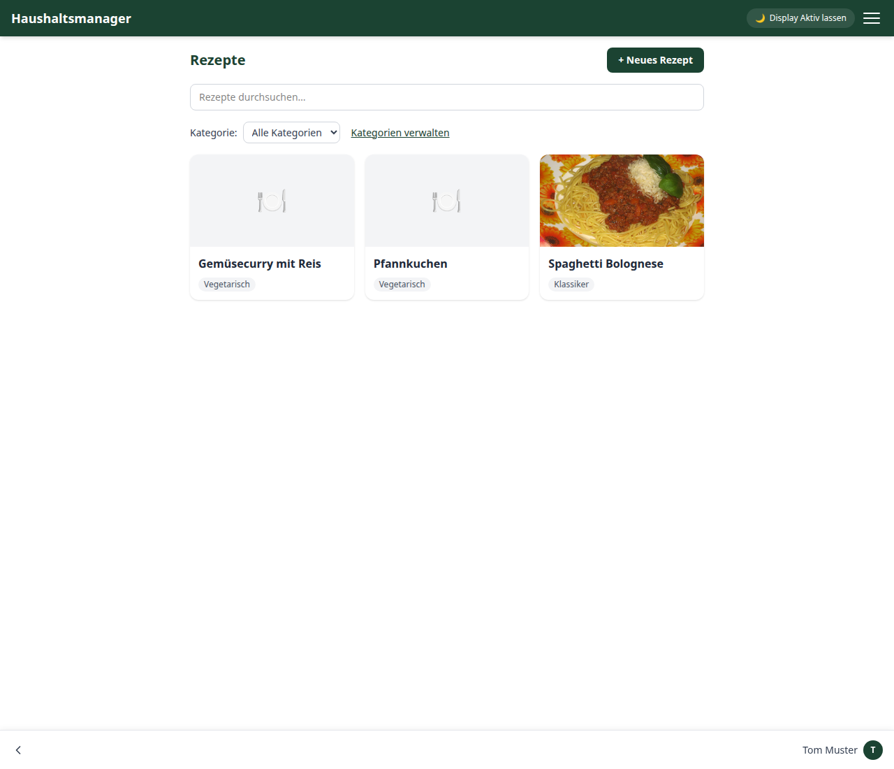 Rezepte-Übersicht mit drei Rezeptkarten